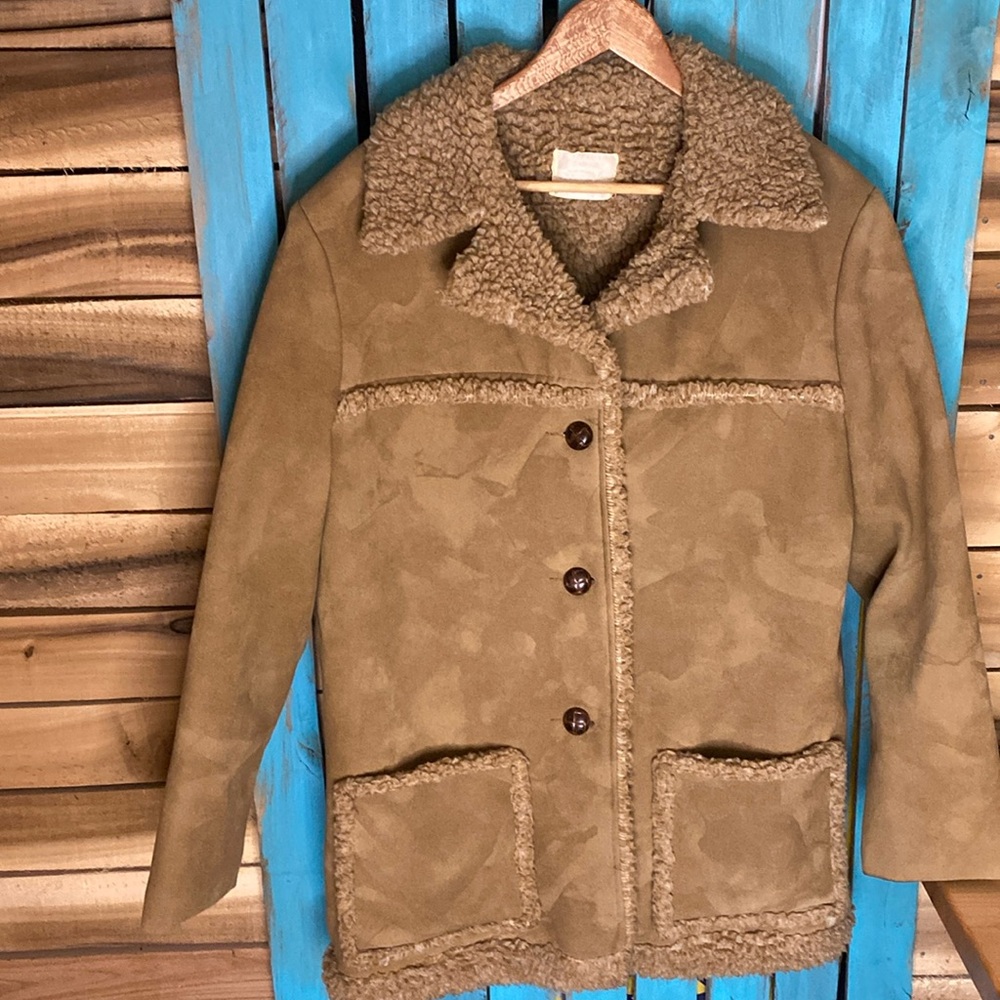 Vintage 70s Fingerhut Fashions tan faux suede shearling coat size large made USA